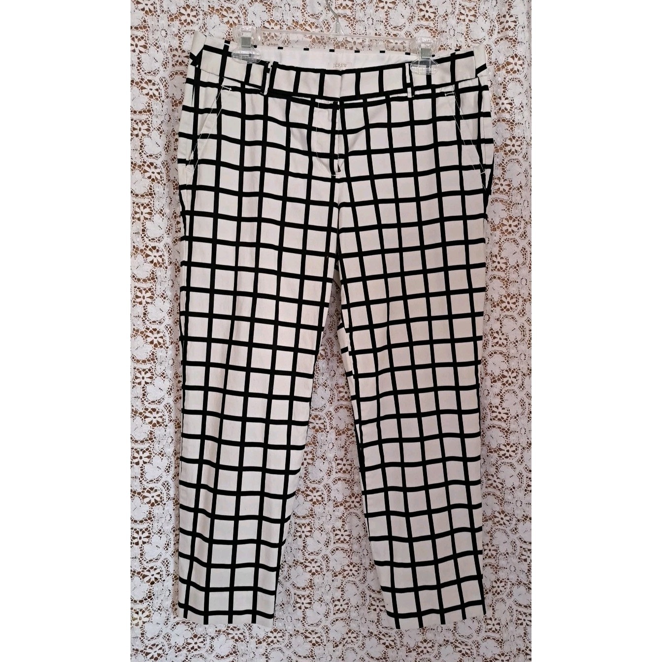 J.Crew Ankle Pants 10 Ivory Black Windowpane Flat Front Pockets Stretch Preppy